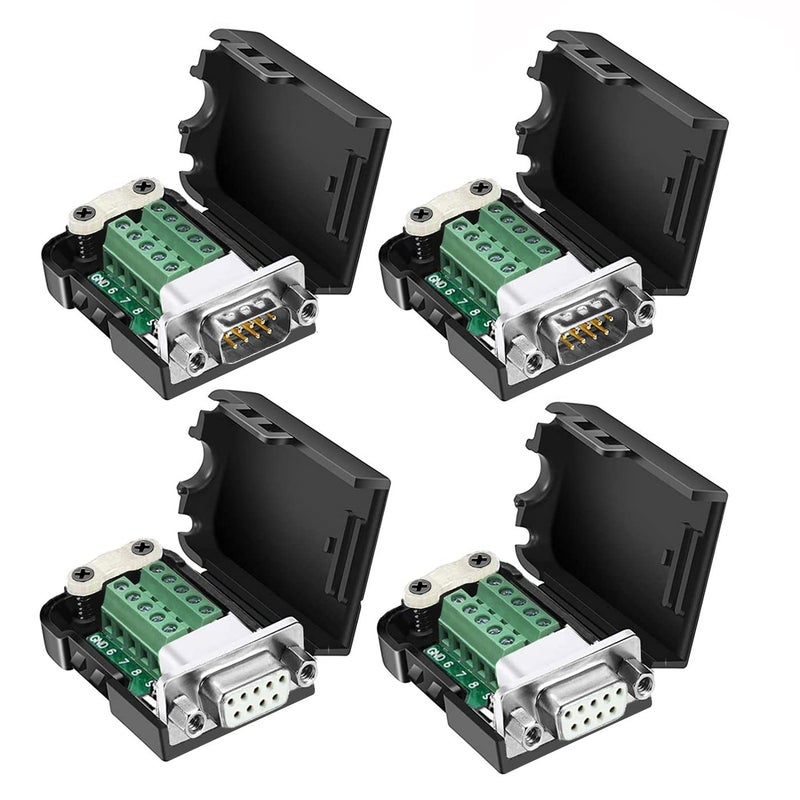 DaFuRui 4Pack DB9 Breakout Connectorï¼ŒDB9 Solderless Breakout Board RS232 D-SUB DB 9 Male Female Screw Terminal Block with Case and Nut (2-Male + 2-Female +Nut) - Image 1